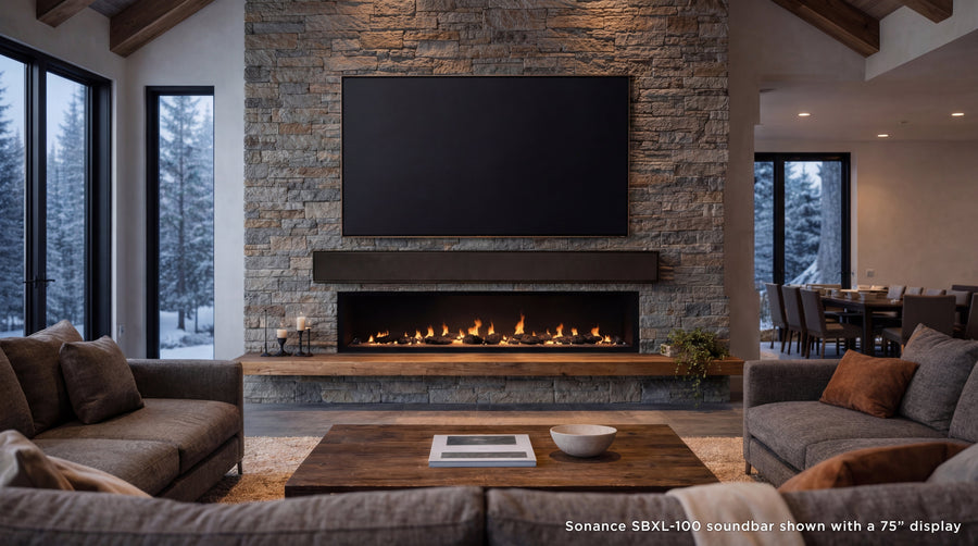 Sonance SBXL-100 soundbar shown with a 75" TV display