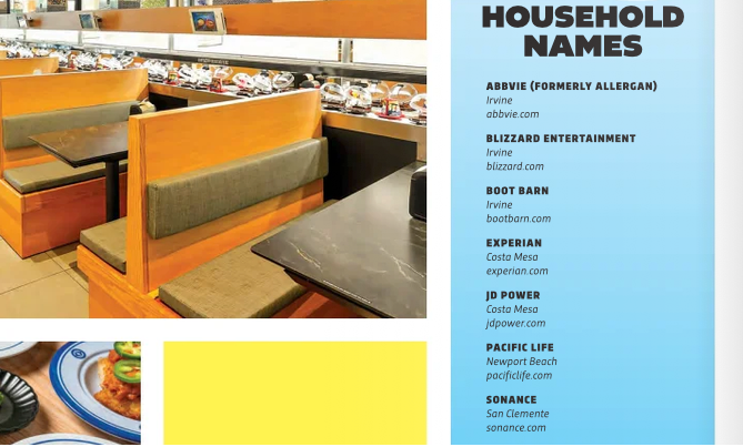 A magazine-style cover or editorial page with a large green '10' and the headline 'BIG BIZ MORE HOUSEHOLD NAMES.' The right side lists household names such as Abbvie, Blizzard Entertainment, Boot Barn, Expersian, JD Power, Pacific Life, and Sonance.